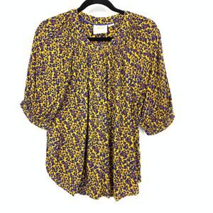 Maeve X Anthropologie Button Front Half Sleeve Blouse Sz M Yellow Blue Floral